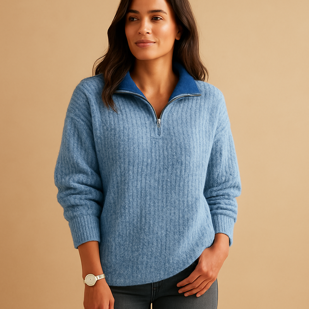 Women’s half zip sweater with regular fit and chic collar zipper, soft breathable fabric, perfect for office looks or casual weekend wear.