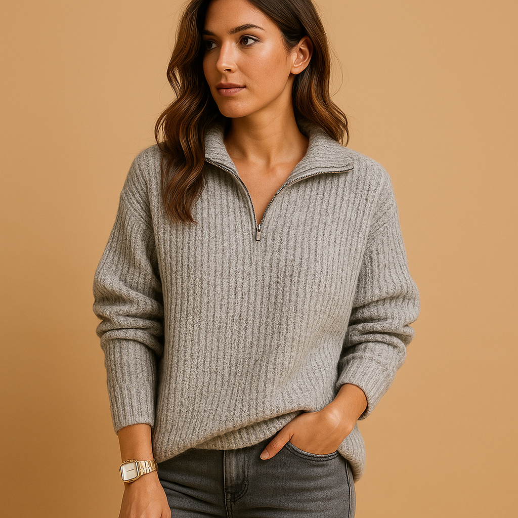 Women’s half zip sweater with regular fit and chic collar zipper, soft breathable fabric, perfect for office looks or casual weekend wear.