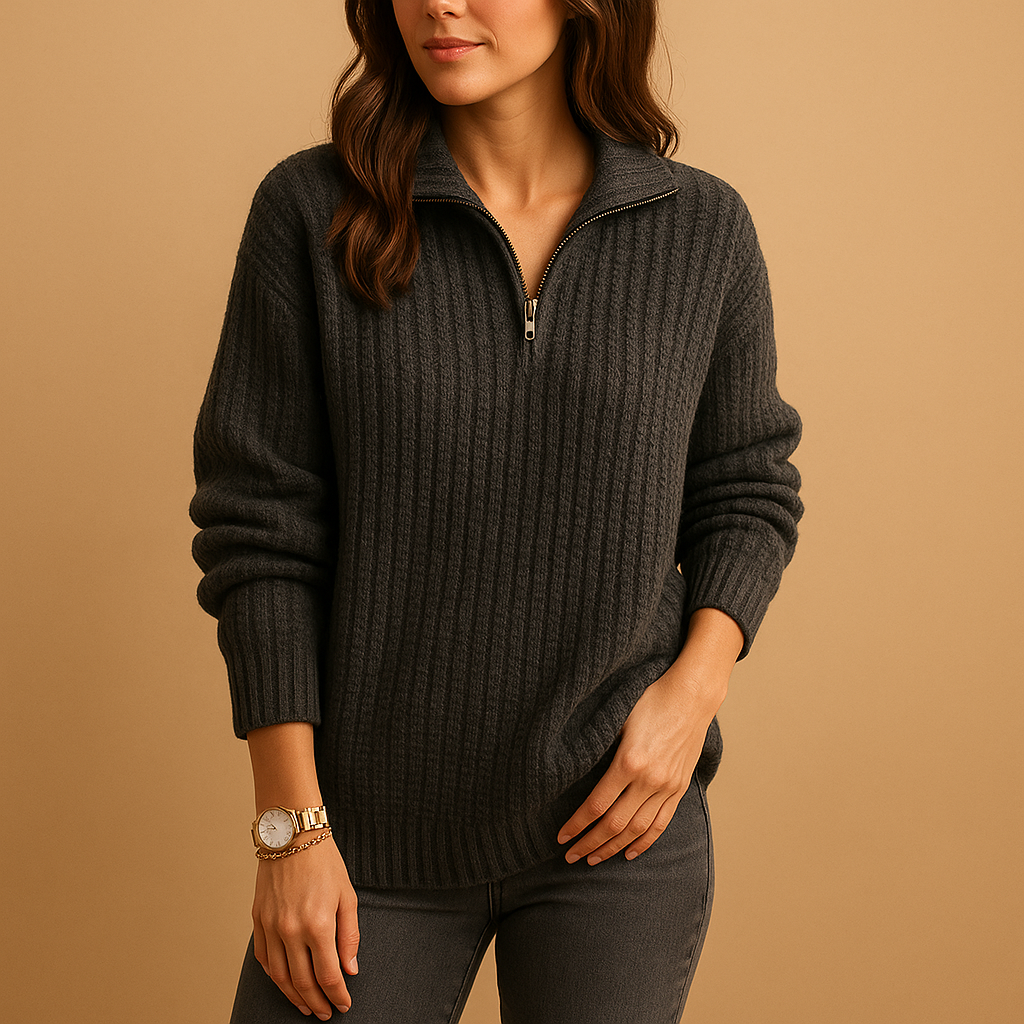Women’s half zip sweater with regular fit and chic collar zipper, soft breathable fabric, perfect for office looks or casual weekend wear.
