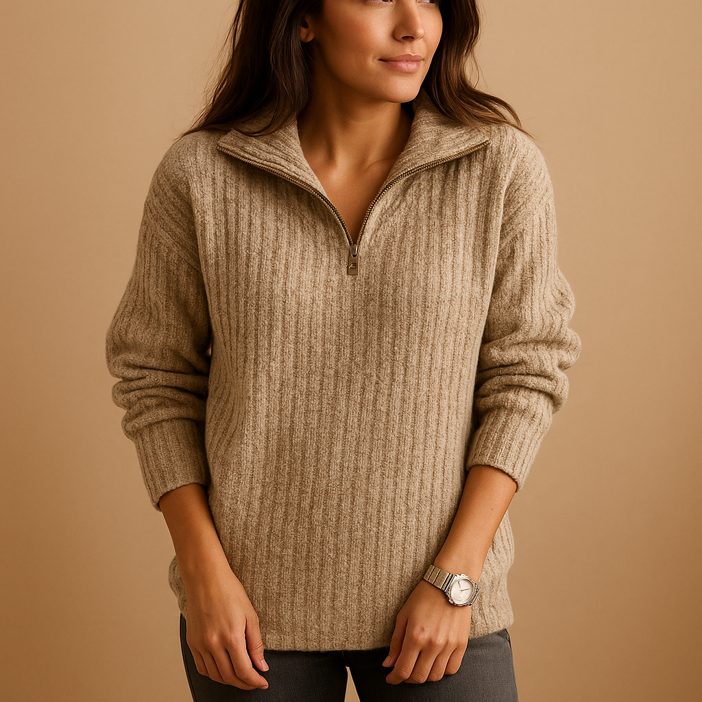 Women’s half zip sweater with regular fit and chic collar zipper, soft breathable fabric, perfect for office looks or casual weekend wear.
