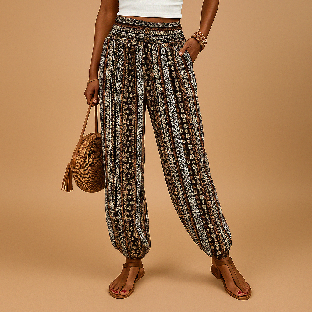 Women’s high waist boho pants with a flowy loose fit and flattering waistband, perfect for summer, casual, or chic outfits.
