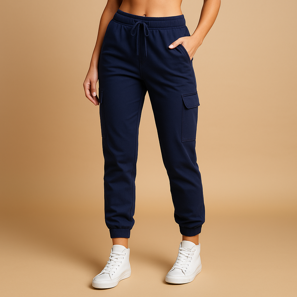 High waist cargo pants for women with slim fit and functional cargo pockets, available in Black, Green, White, Grey, Yellow, Brown, Blue, and Red.