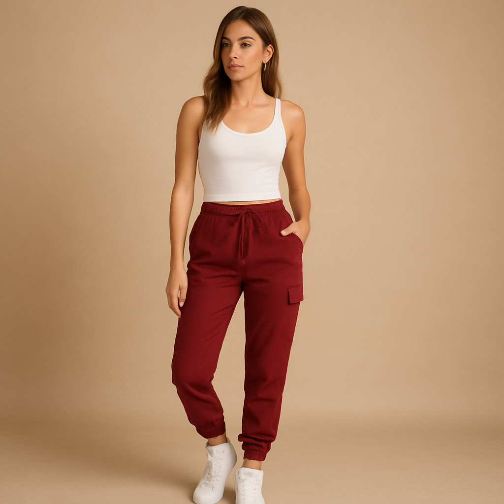 High waist cargo pants for women with slim fit and functional cargo pockets, available in Black, Green, White, Grey, Yellow, Brown, Blue, and Red.