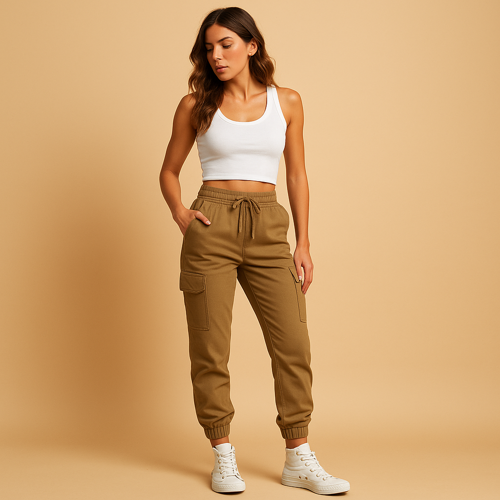 High waist cargo pants for women with slim fit and functional cargo pockets, available in Black, Green, White, Grey, Yellow, Brown, Blue, and Red.