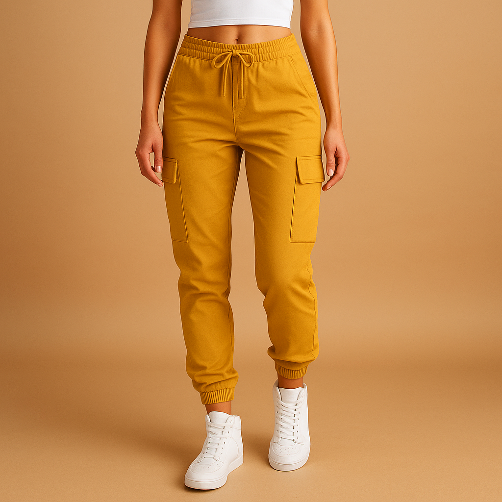 High waist cargo pants for women with slim fit and functional cargo pockets, available in Black, Green, White, Grey, Yellow, Brown, Blue, and Red.