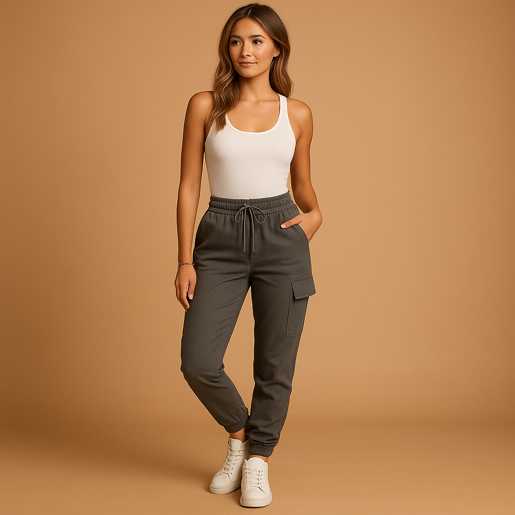 High waist cargo pants for women with slim fit and functional cargo pockets, available in Black, Green, White, Grey, Yellow, Brown, Blue, and Red.