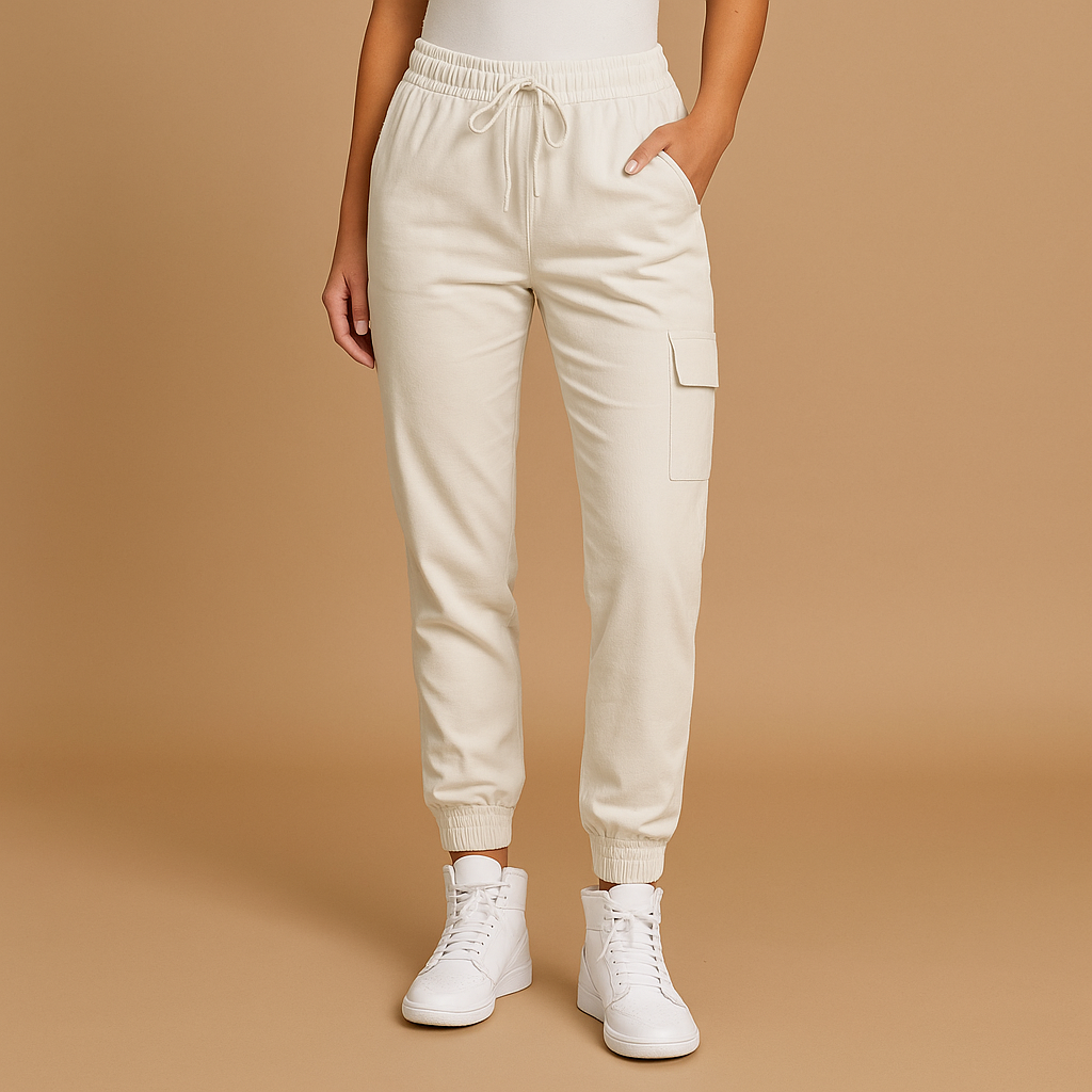High waist cargo pants for women with slim fit and functional cargo pockets, available in Black, Green, White, Grey, Yellow, Brown, Blue, and Red.