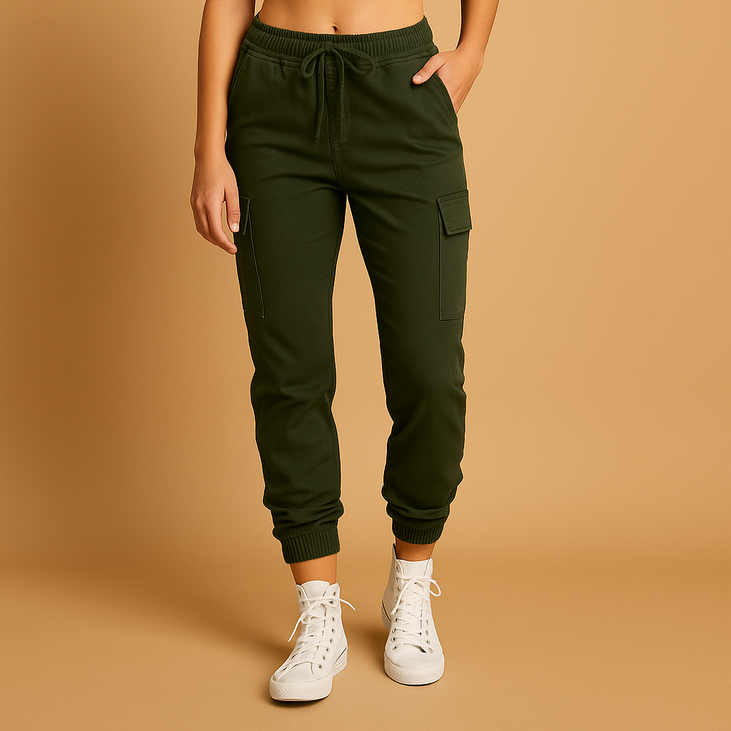 High waist cargo pants for women with slim fit and functional cargo pockets, available in Black, Green, White, Grey, Yellow, Brown, Blue, and Red.