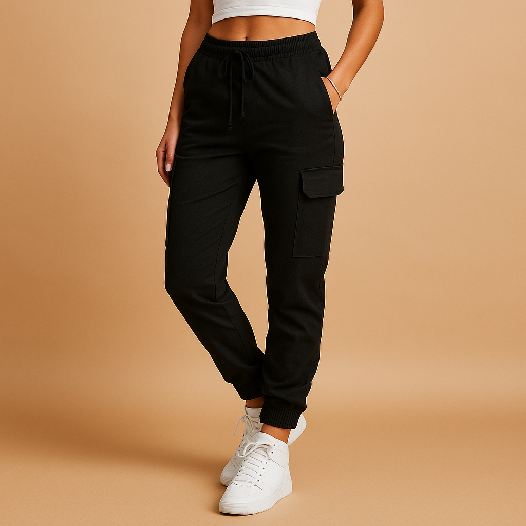 High waist cargo pants for women with slim fit and functional cargo pockets, available in Black, Green, White, Grey, Yellow, Brown, Blue, and Red.