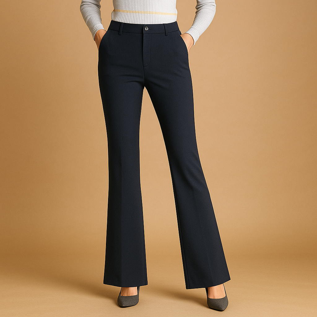 High waist flared pants for women in cotton blend, slim fit through the hips with wide legs and practical pockets. Perfect for work, casual, or formal wear.