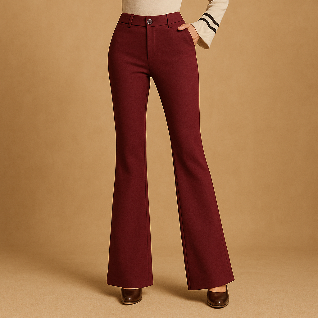 High waist flared pants for women in cotton blend, slim fit through the hips with wide legs and practical pockets. Perfect for work, casual, or formal wear.