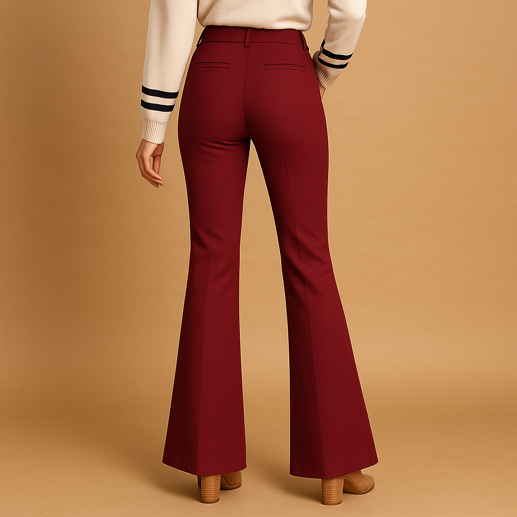 High waist flared pants for women in cotton blend, slim fit through the hips with wide legs and practical pockets. Perfect for work, casual, or formal wear.