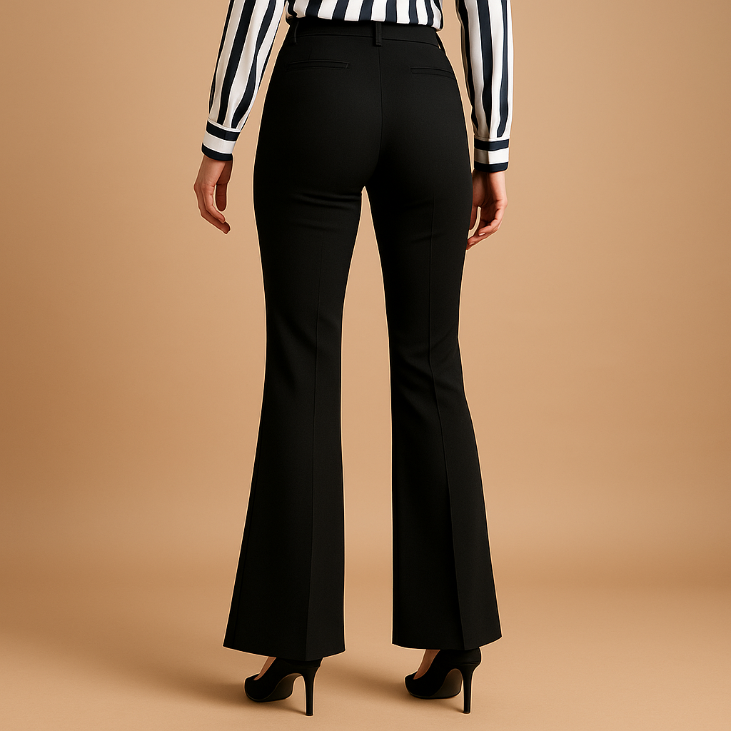 High waist flared pants for women in cotton blend, slim fit through the hips with wide legs and practical pockets. Perfect for work, casual, or formal wear.
