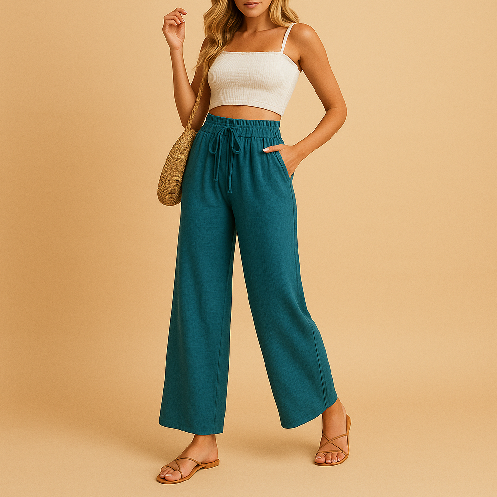 Women’s high waist lounge pants with straight legs and pockets, made from lightweight fabric, perfect for casual and relaxed outfits.