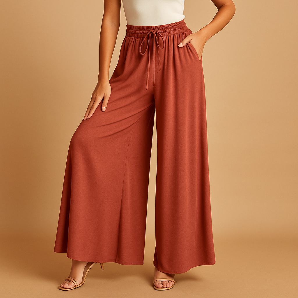 Women’s high-waist wide-leg pants with an elastic waistband, ideal for business, casual, or evening outfits.