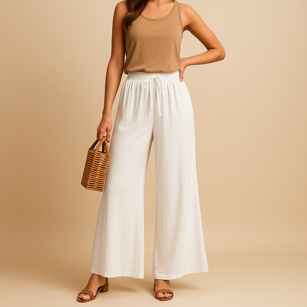 Women’s high-waist wide-leg pants with an elastic waistband, ideal for business, casual, or evening outfits.