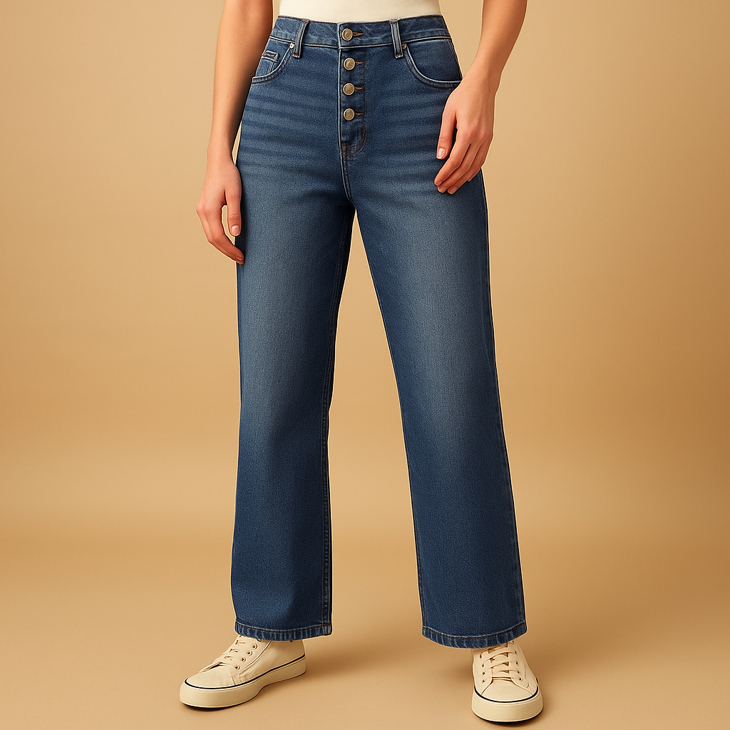 Women’s high-waisted loose fit jeans in classic denim blue with wide legs, perfect for casual and trendy everyday outfits.