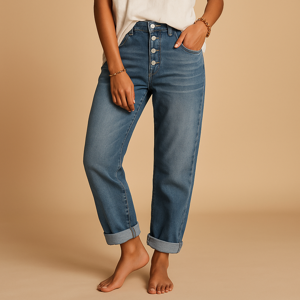 Women’s high-waisted loose fit jeans in classic denim blue with wide legs, perfect for casual and trendy everyday outfits.
