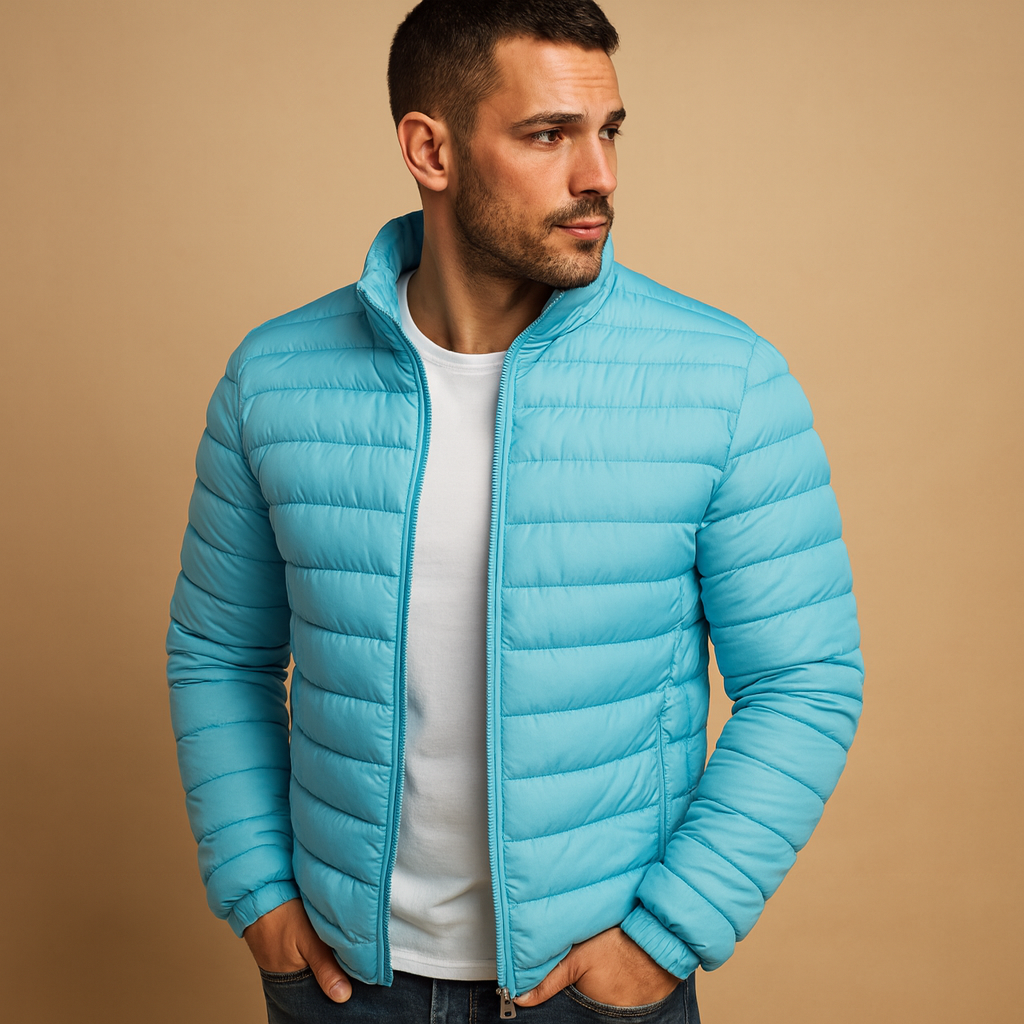 Men’s hooded puffer jacket with classic design, offering excellent warmth and wind protection. Perfect for everyday winter wear and outdoor activities.