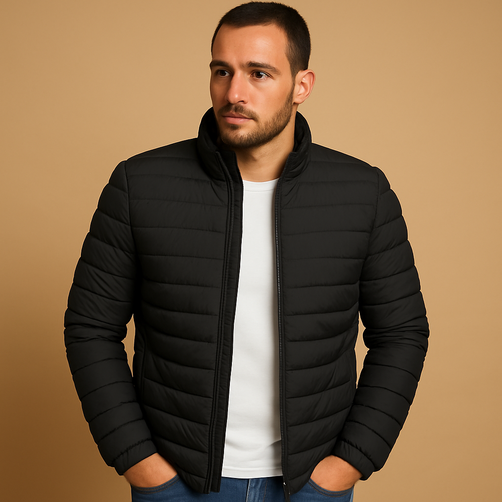Men’s hooded puffer jacket with classic design, offering excellent warmth and wind protection. Perfect for everyday winter wear and outdoor activities.