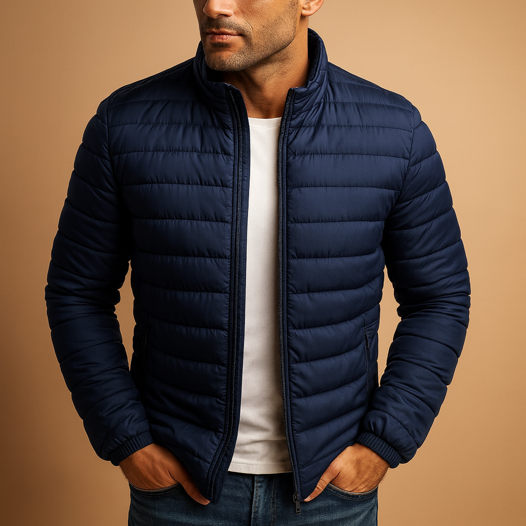 Men’s hooded puffer jacket with classic design, offering excellent warmth and wind protection. Perfect for everyday winter wear and outdoor activities.