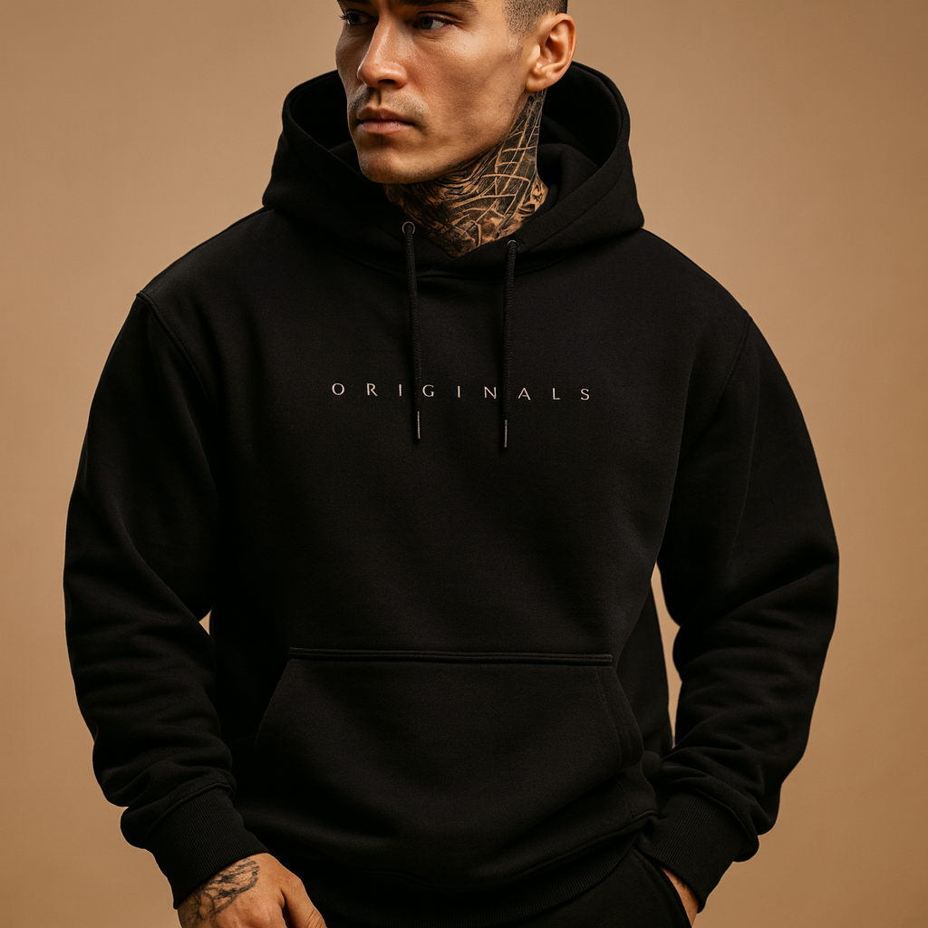 Men’s hooded sweatshirt with sleek design, soft fabric, and trendy colors in black, white, and yellow. Ideal for casual and sporty autumn or winter looks.