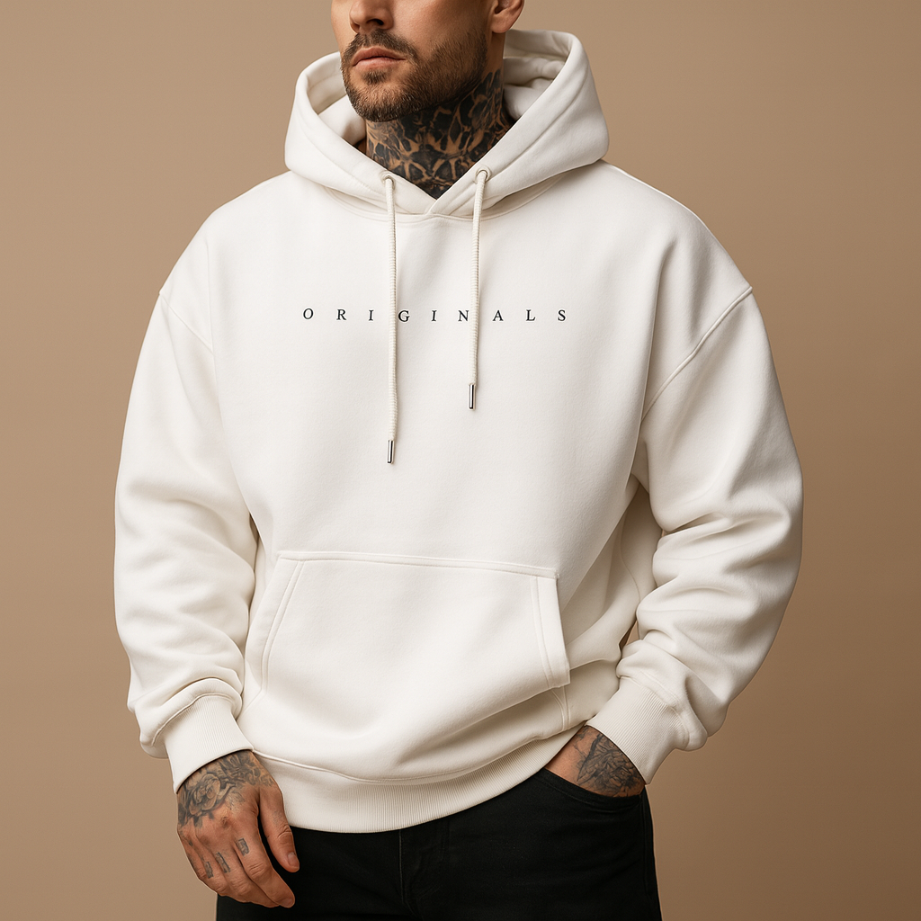 Men’s hooded sweatshirt with sleek design, soft fabric, and trendy colors in black, white, and yellow. Ideal for casual and sporty autumn or winter looks.