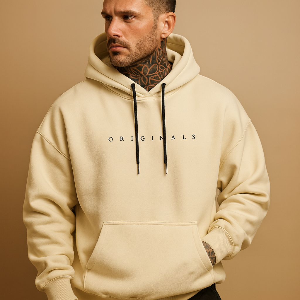Men’s hooded sweatshirt with sleek design, soft fabric, and trendy colors in black, white, and yellow. Ideal for casual and sporty autumn or winter looks.