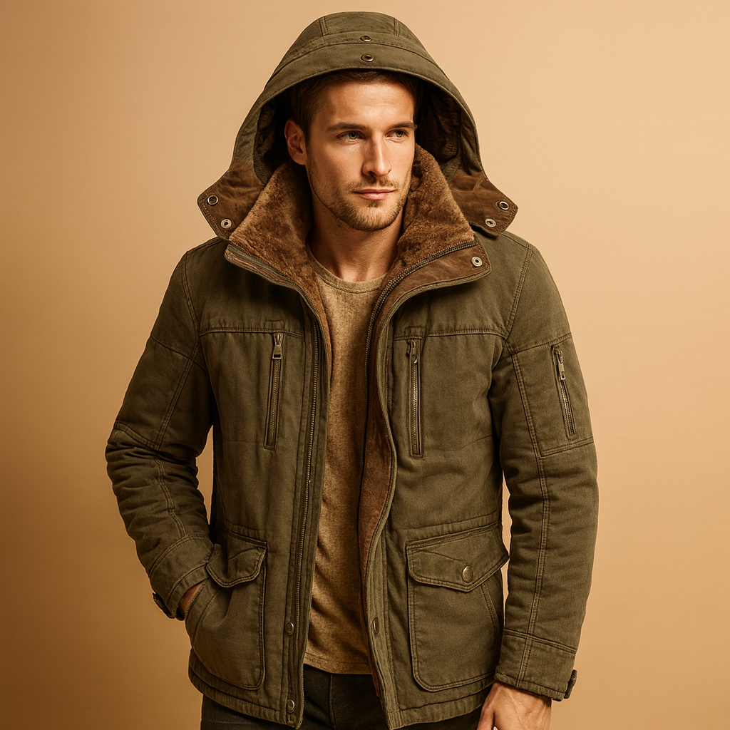 Men’s hooded winter coat with thick insulation and timeless design, providing warmth and protection against wind and rain during cold winter days.