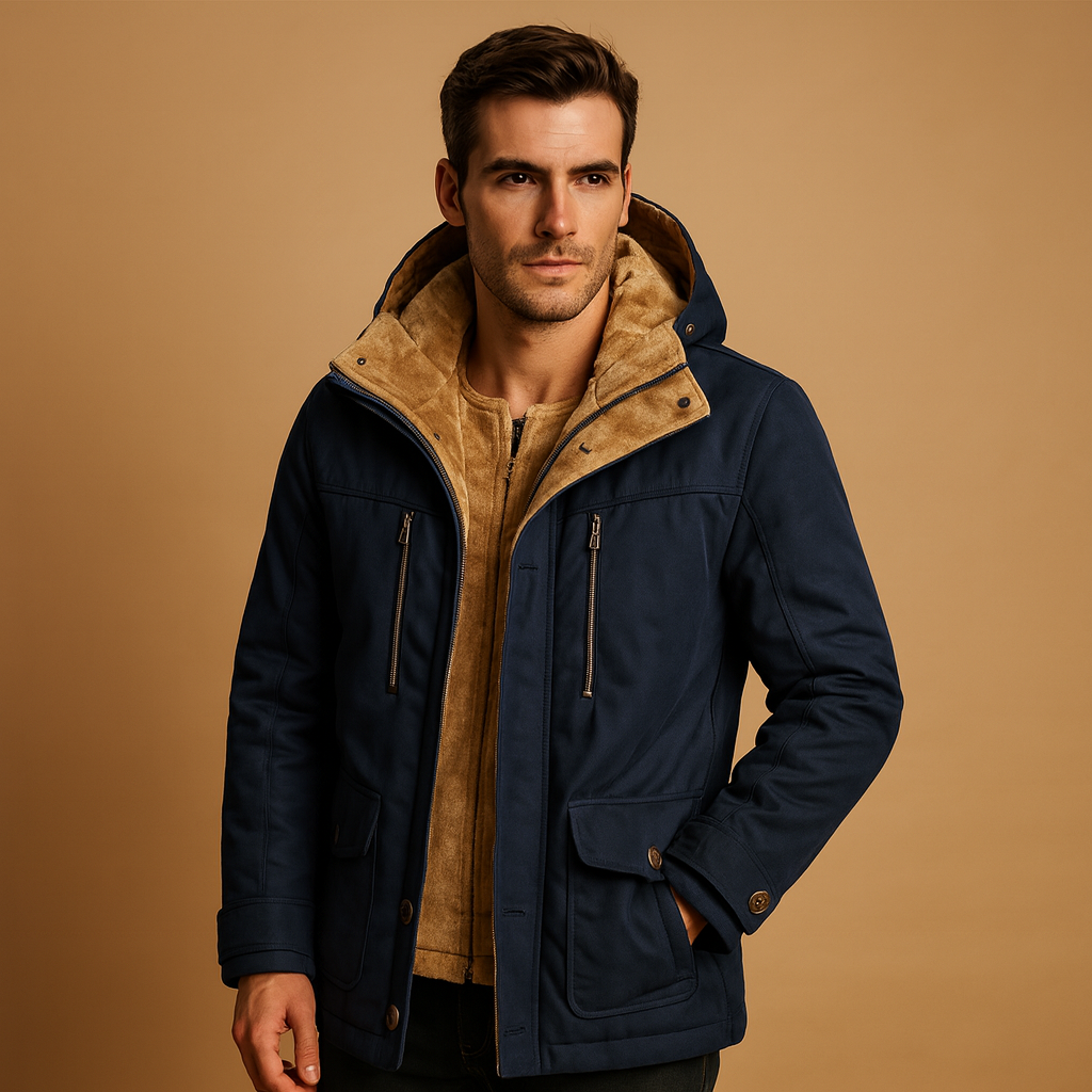 Men’s hooded winter coat with thick insulation and timeless design, providing warmth and protection against wind and rain during cold winter days.