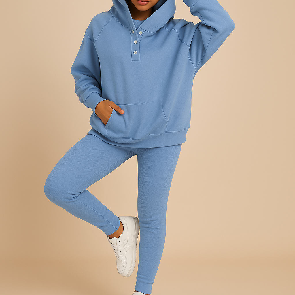 Hoodie and jogger set for women with soft fabric, relaxed fit, and elastic waist, perfect for lounging at home or casual daily wear.