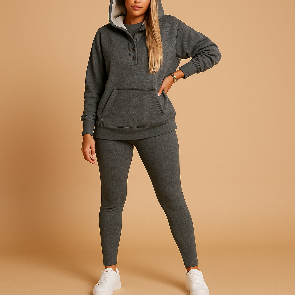 Hoodie and jogger set for women with soft fabric, relaxed fit, and elastic waist, perfect for lounging at home or casual daily wear.