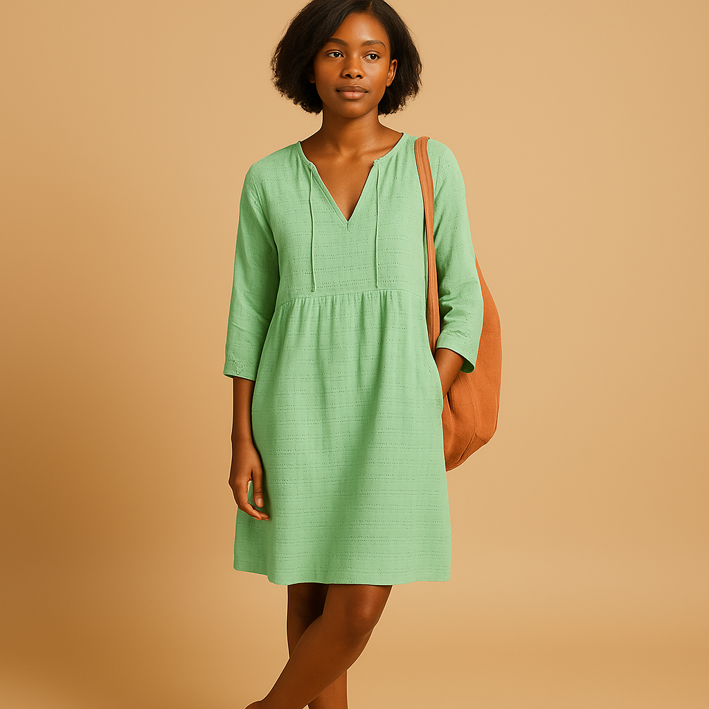 Knee-length summer dress for women named Sienna, featuring short sleeves, a flattering fit, and breathable cotton comfort for casual or formal wear.