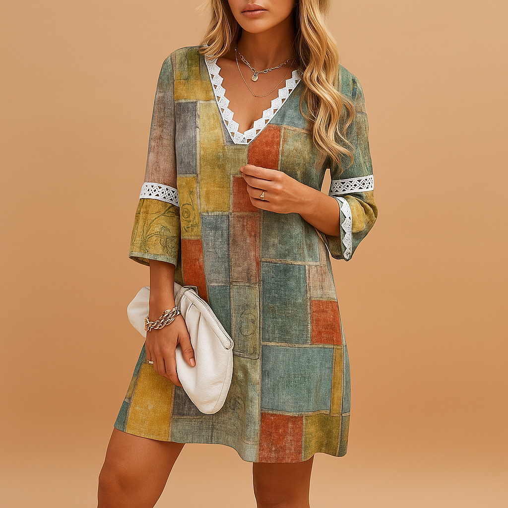 Women’s knee-length summer dress with breathable fabric, short sleeves, and trendy prints in blue, green, grey, and pink.