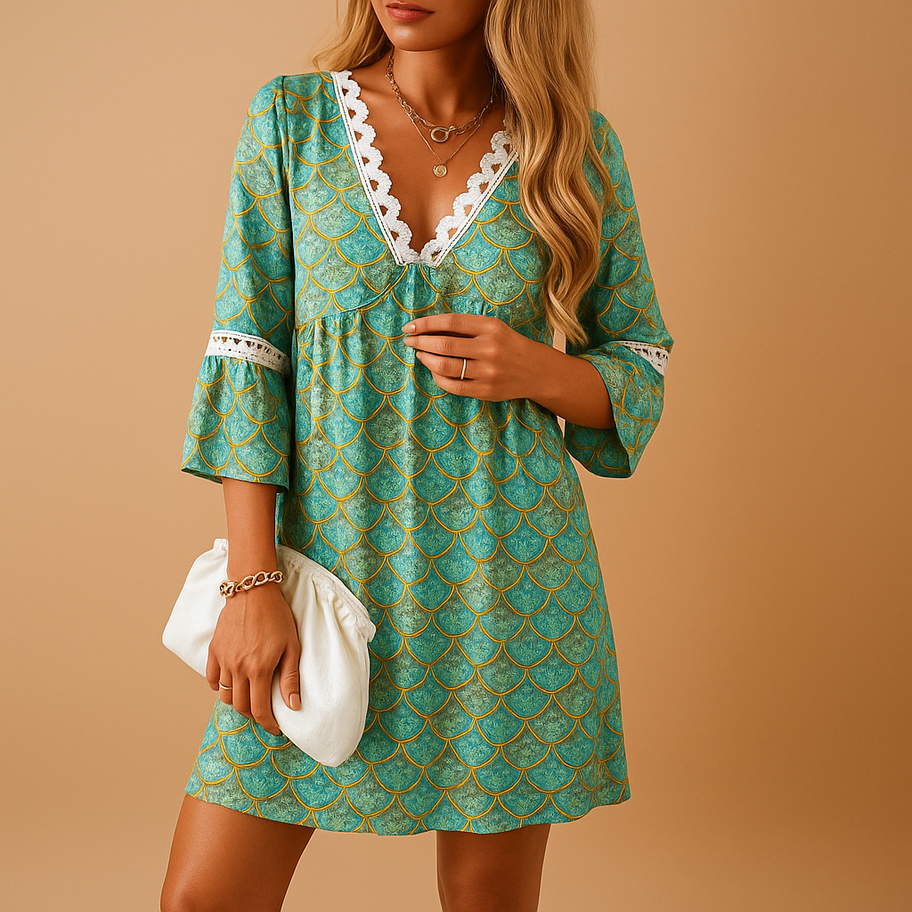 Women’s knee-length summer dress with breathable fabric, short sleeves, and trendy prints in blue, green, grey, and pink.