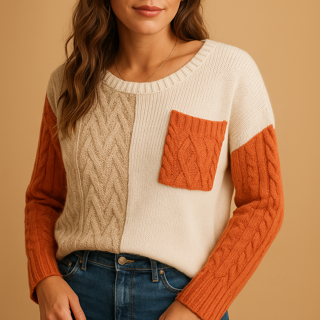 Women’s knit sweater with cable pattern, dropped shoulders, and pocket detail. Relaxed fit, perfect for casual wear, layering, or cozy days at home.