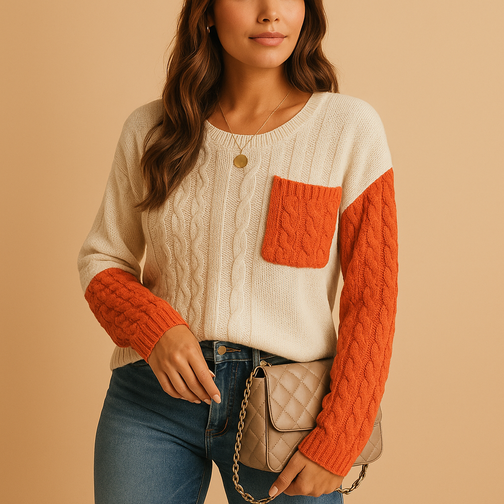 Women’s knit sweater with cable pattern, dropped shoulders, and pocket detail. Relaxed fit, perfect for casual wear, layering, or cozy days at home.