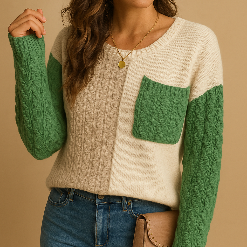 Women’s knit sweater with cable pattern, dropped shoulders, and pocket detail. Relaxed fit, perfect for casual wear, layering, or cozy days at home.