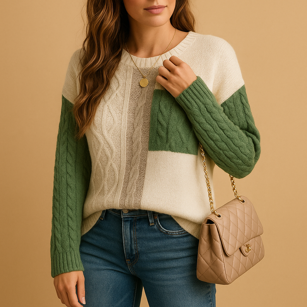 Women’s knit sweater with cable pattern, dropped shoulders, and pocket detail. Relaxed fit, perfect for casual wear, layering, or cozy days at home.