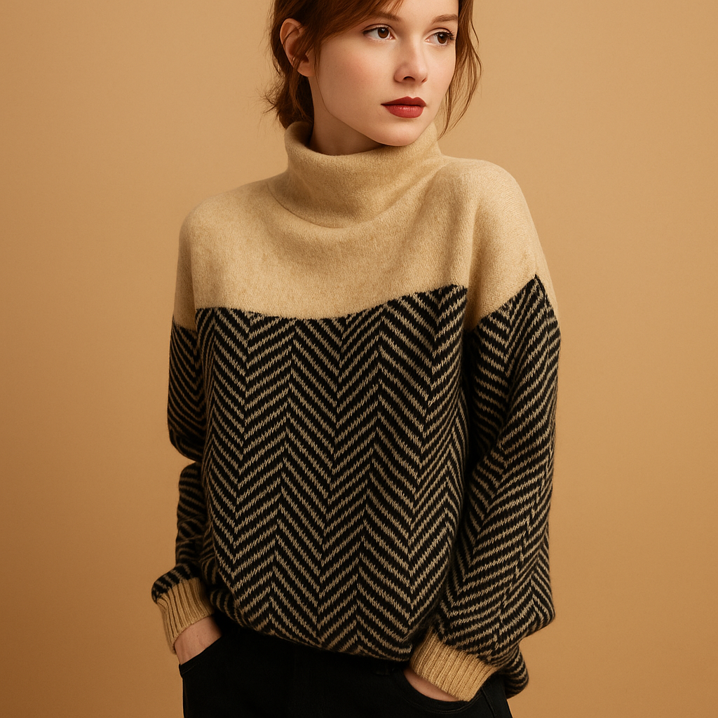 Women’s knit sweater with herringbone pattern and high neckline, relaxed fit, soft design, perfect for casual, work, or cozy outfits.