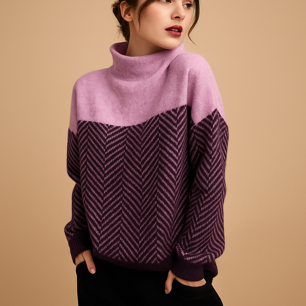 Women’s knit sweater with herringbone pattern and high neckline, relaxed fit, soft design, perfect for casual, work, or cozy outfits.
