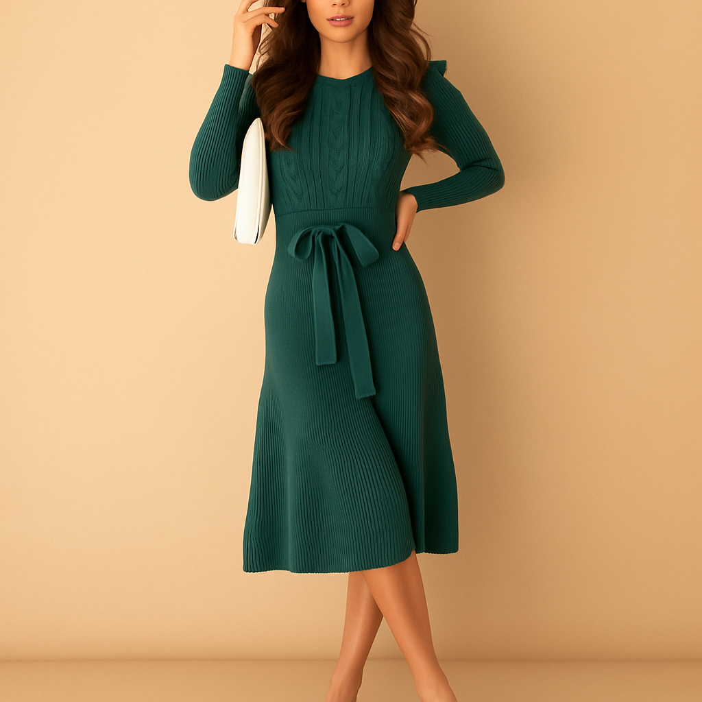 Knitted autumn dress with belt for women | Hazel