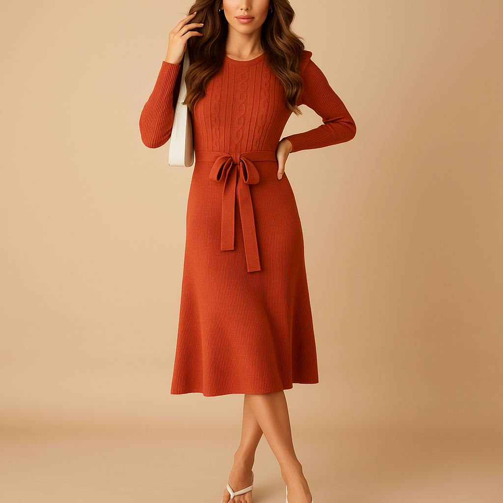 Knitted autumn dress with belt for women | Hazel