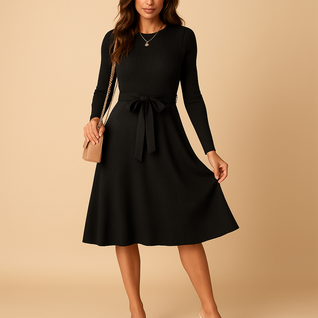 Knitted autumn dress with belt for women | Hazel