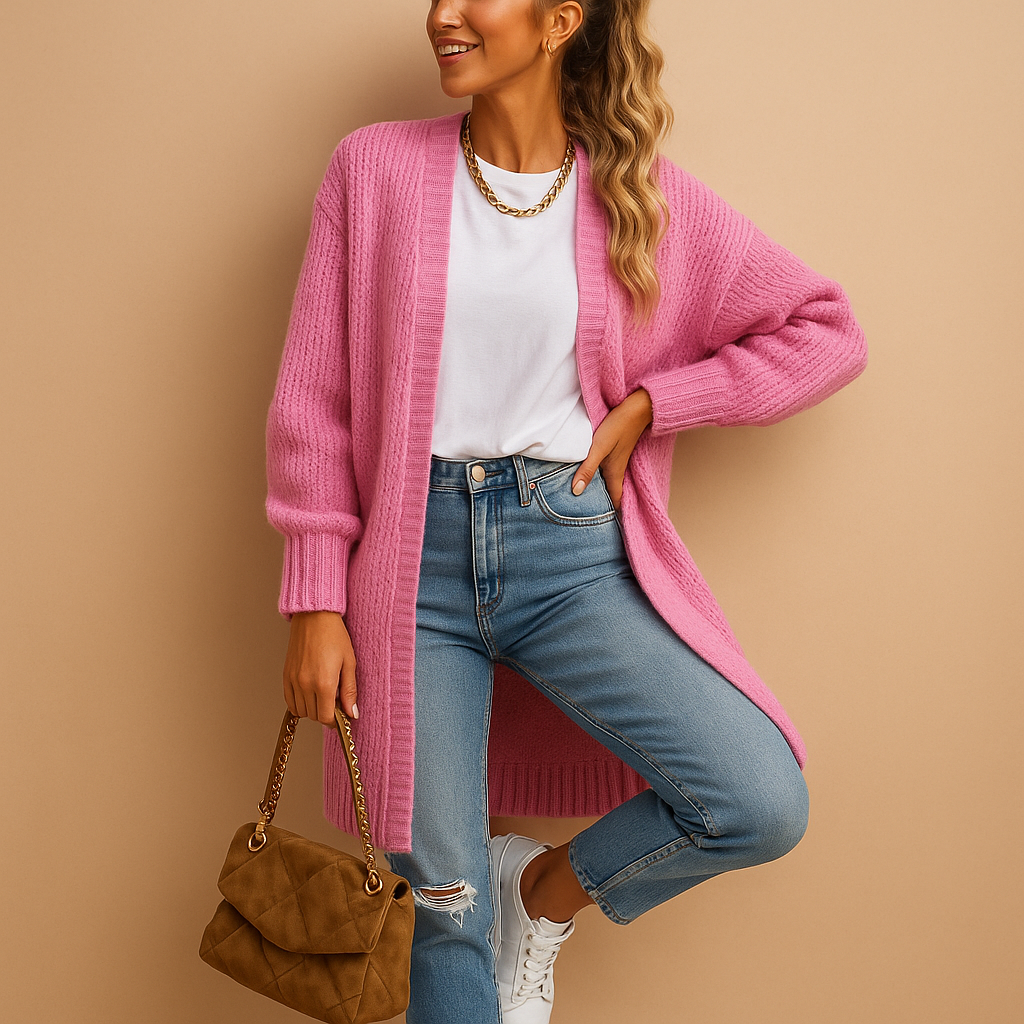Women’s knitted cardigan with relaxed fit, open front, and breathable fabric, perfect for layering in winter and transitional seasons.