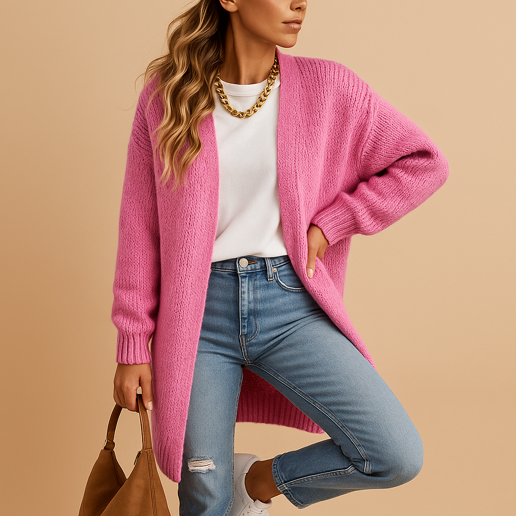 Women’s knitted cardigan with relaxed fit, open front, and breathable fabric, perfect for layering in winter and transitional seasons.