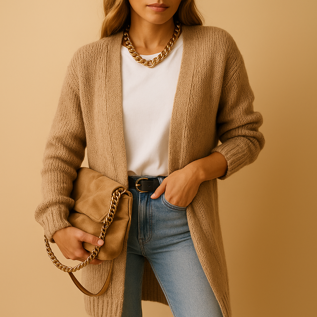 Women’s knitted cardigan with relaxed fit, open front, and breathable fabric, perfect for layering in winter and transitional seasons.