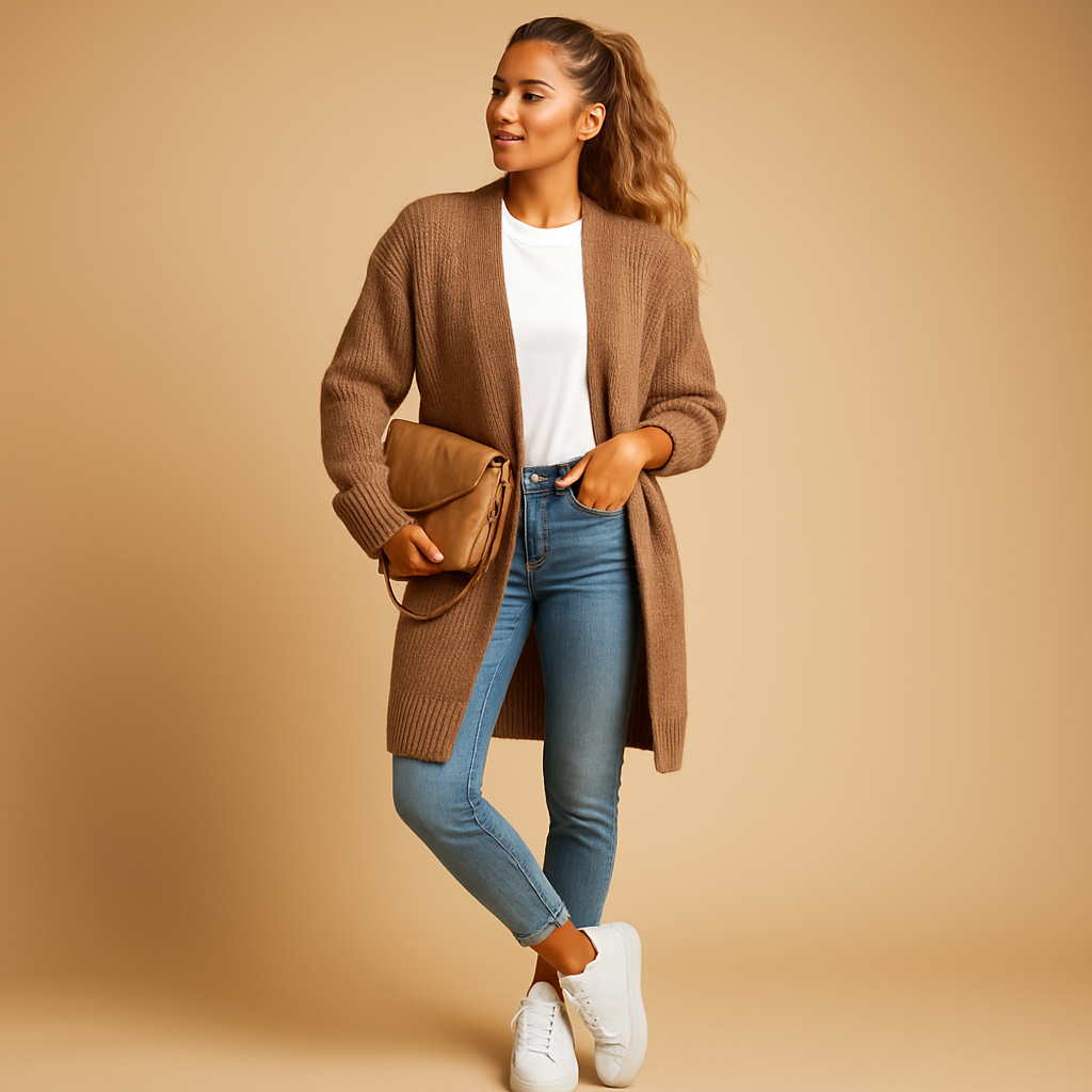 Women’s knitted cardigan with relaxed fit, open front, and breathable fabric, perfect for layering in winter and transitional seasons.