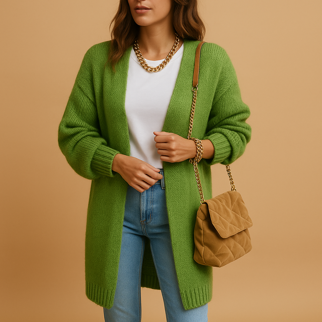 Women’s knitted cardigan with relaxed fit, open front, and breathable fabric, perfect for layering in winter and transitional seasons.