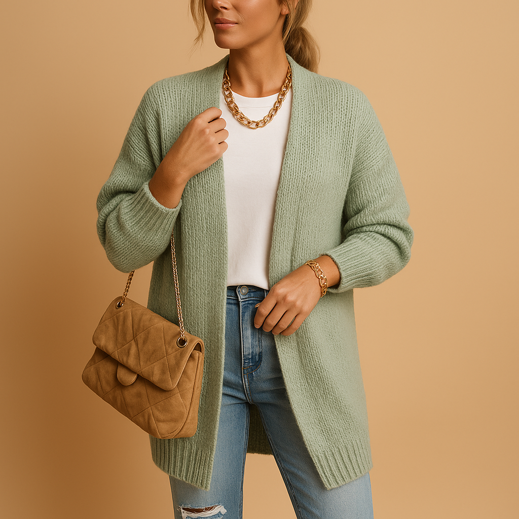 Women’s knitted cardigan with relaxed fit, open front, and breathable fabric, perfect for layering in winter and transitional seasons.